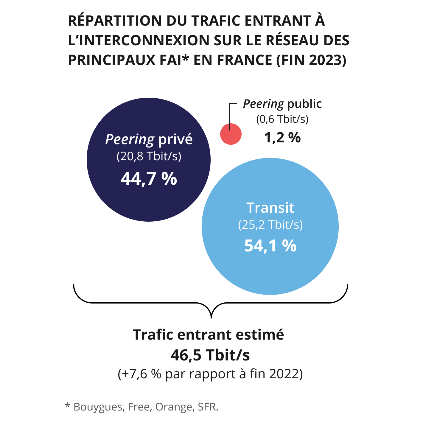 Infographie représentant la décomposition selon l'origine du trafic vers les principaux FAI en France à fin 2023