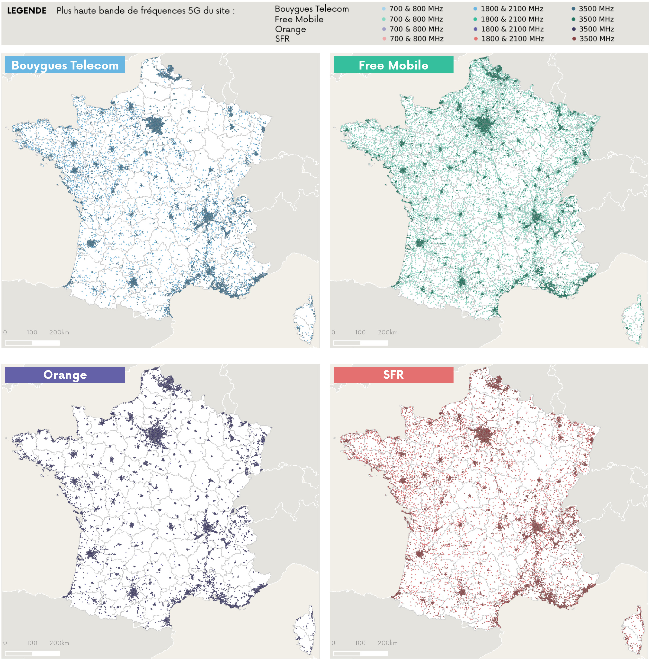 Cartographie des sites 5G ouverts commercialement par opérateur