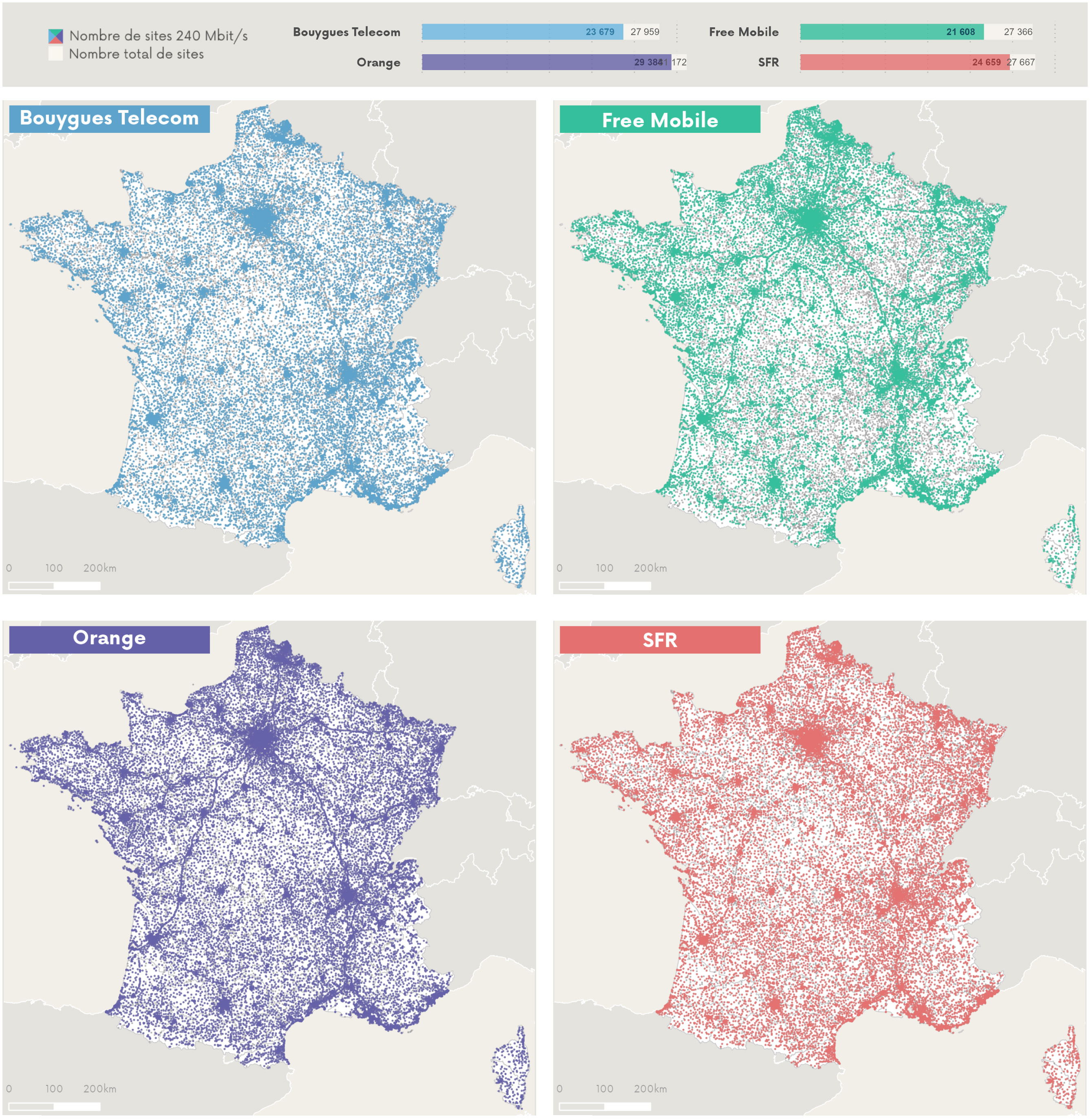 Cartographie des sites 240 Mb/s par opérateur