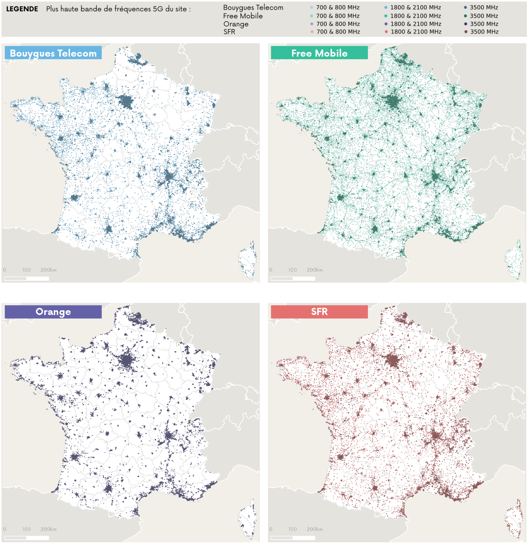 Cartographie des sites 5G ouverts commercialement par opérateur