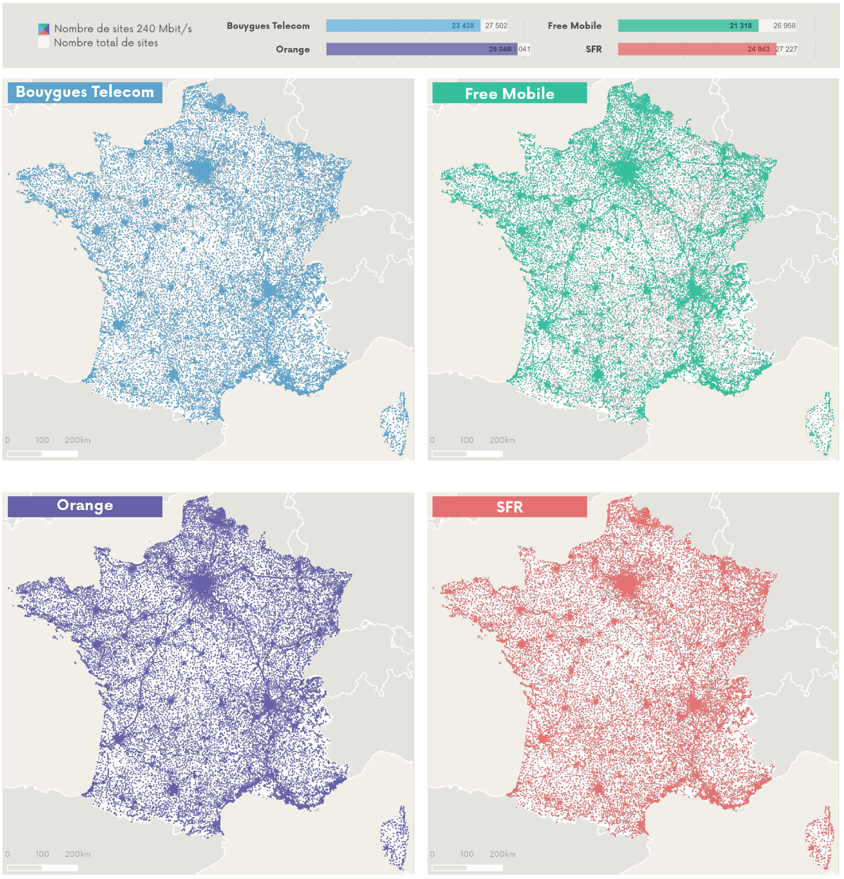 Cartographie des sites 240 Mb/s par opérateur