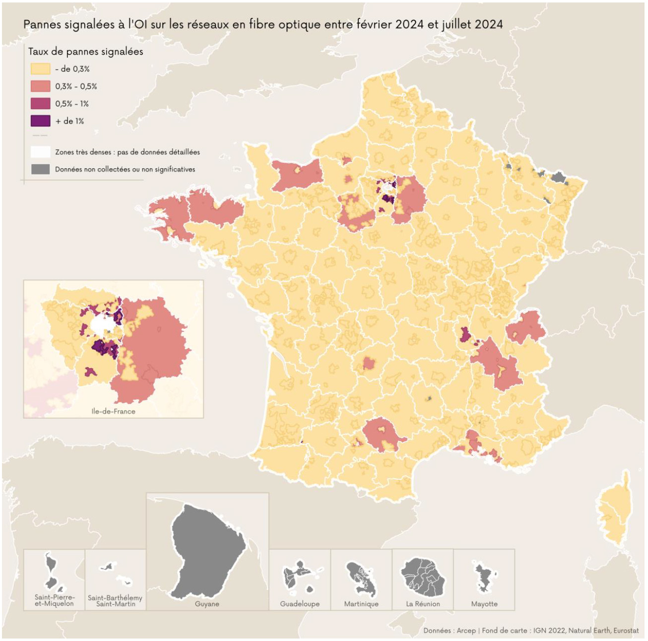 Carte de France métropolitaine représentant les pannes signalées à l'OI sur les réseaux en fibre optique entre février 2024 et juillet 2024