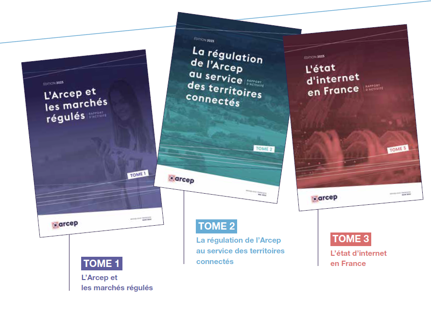 Visuel des couvertures des 3 tomes du rapport annuel de l'Arcep - édition 2023
